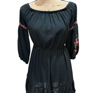 FEATHERS Dress Womens M Black Off Shoulder Peasant Boho Embroidered Short